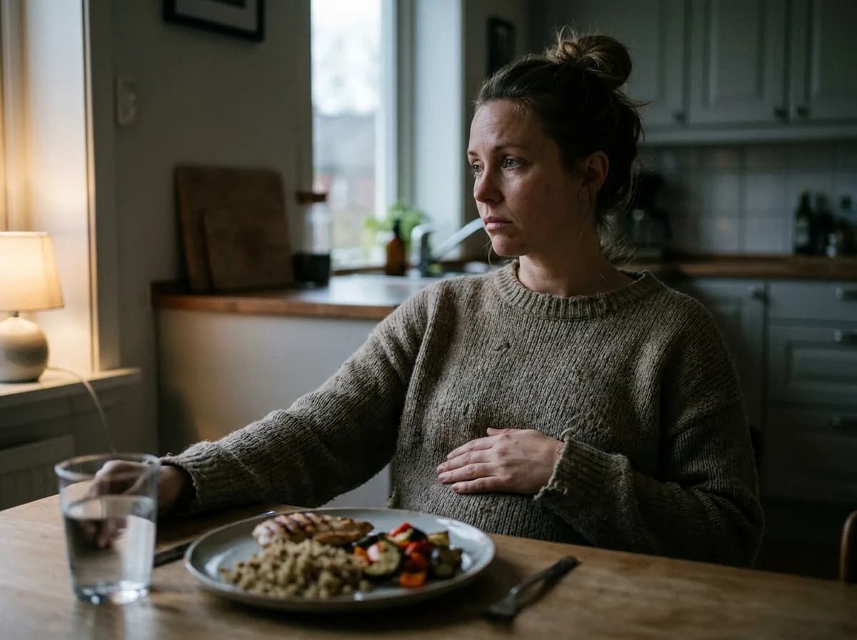 A woman sits before a small portioned dinner in the evening, looking away with a tired expression