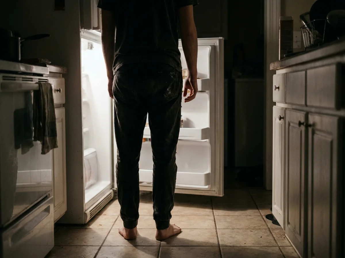 A person stands in a dark kitchen at night, lit only by the open refrigerator