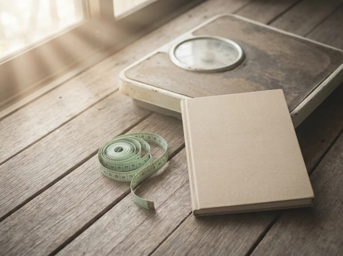 A bathroom scale and a measuring tape on the floor beside a closed notebook in morning light