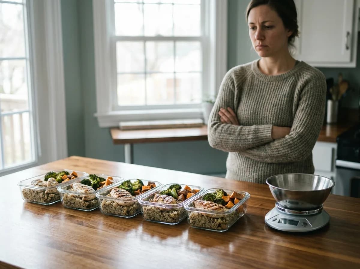Identical prepped healthy meals lined up on a counter beside a kitchen scale