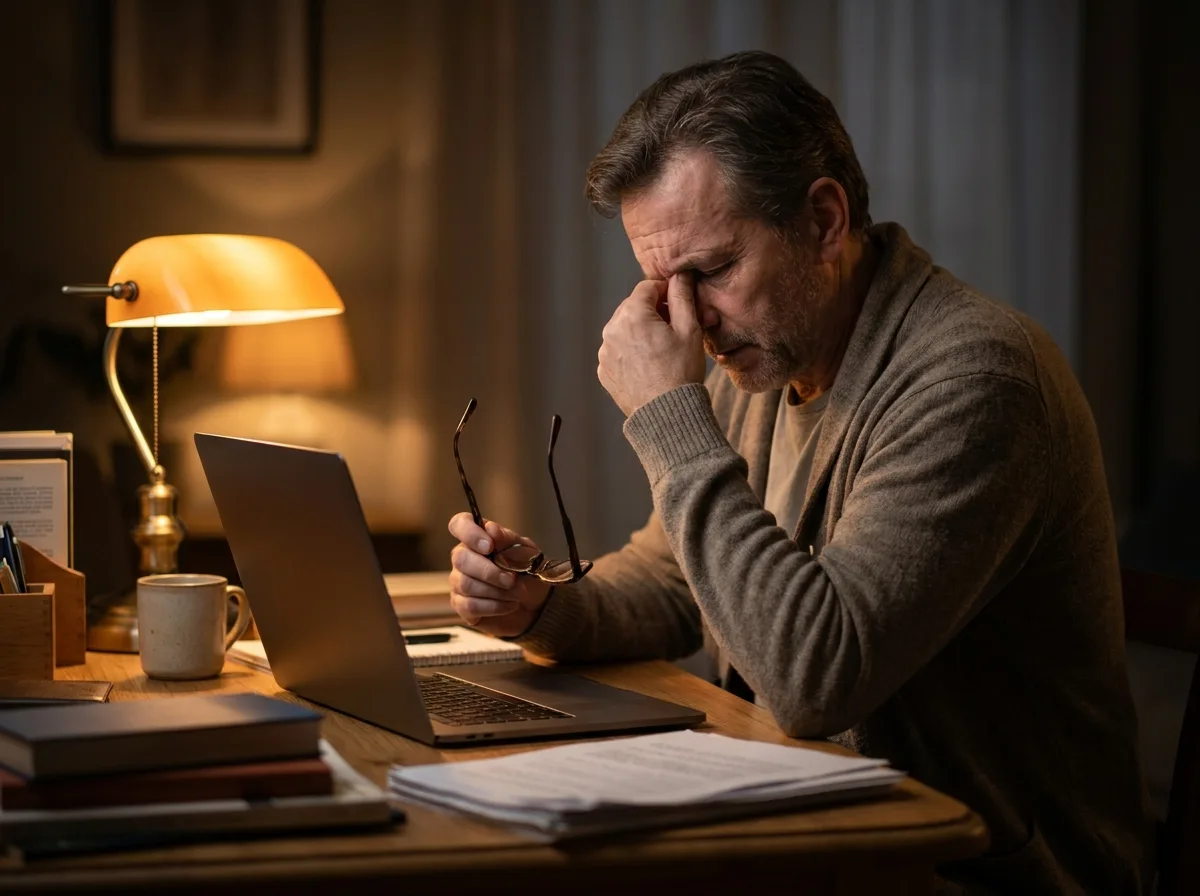 A man sits at a home desk in the evening, reading glasses in hand, rubbing the bridge of his nose