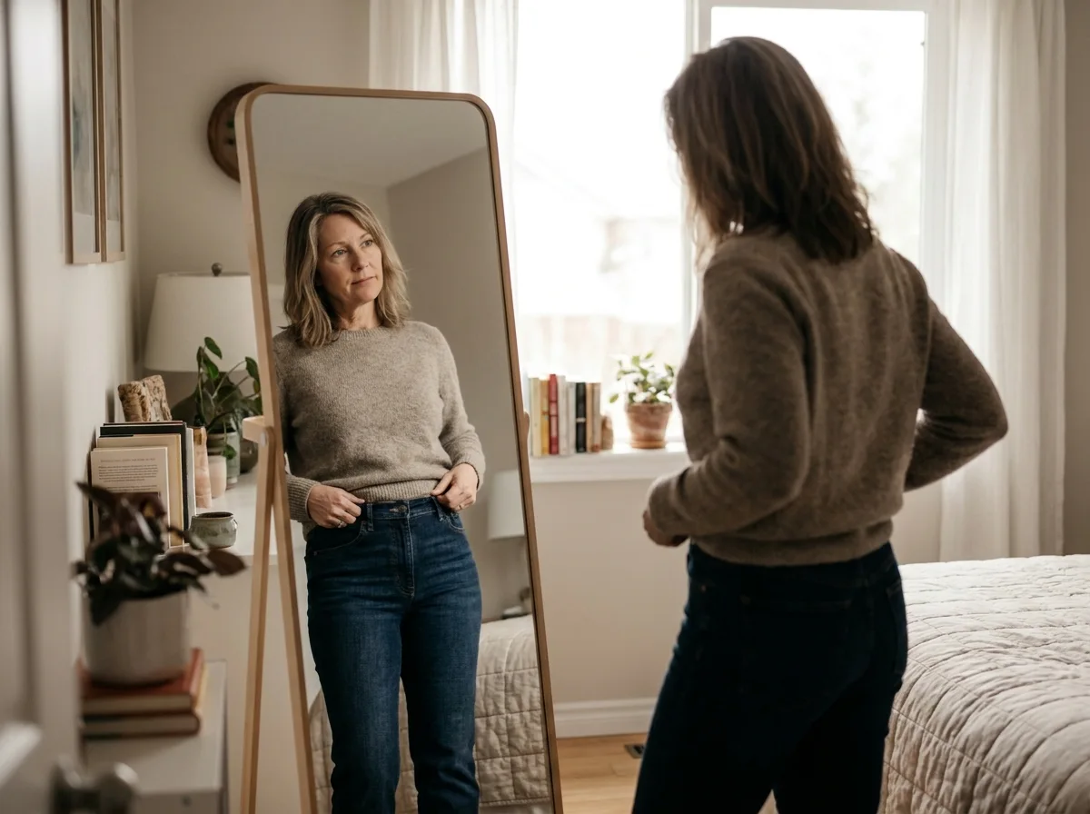 A woman stands at a bedroom mirror assessing how her clothes fit