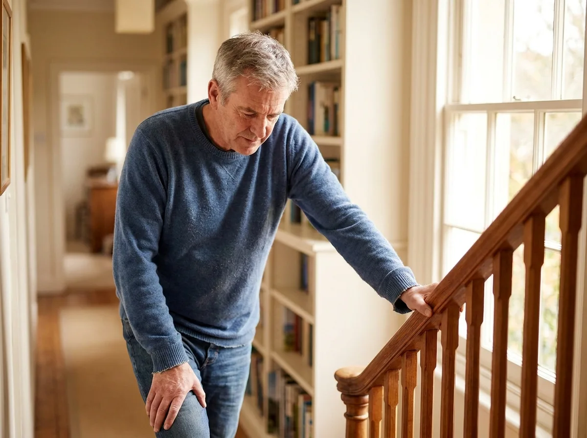 An older man pauses on a staircase, one hand on the railing and one on his knee