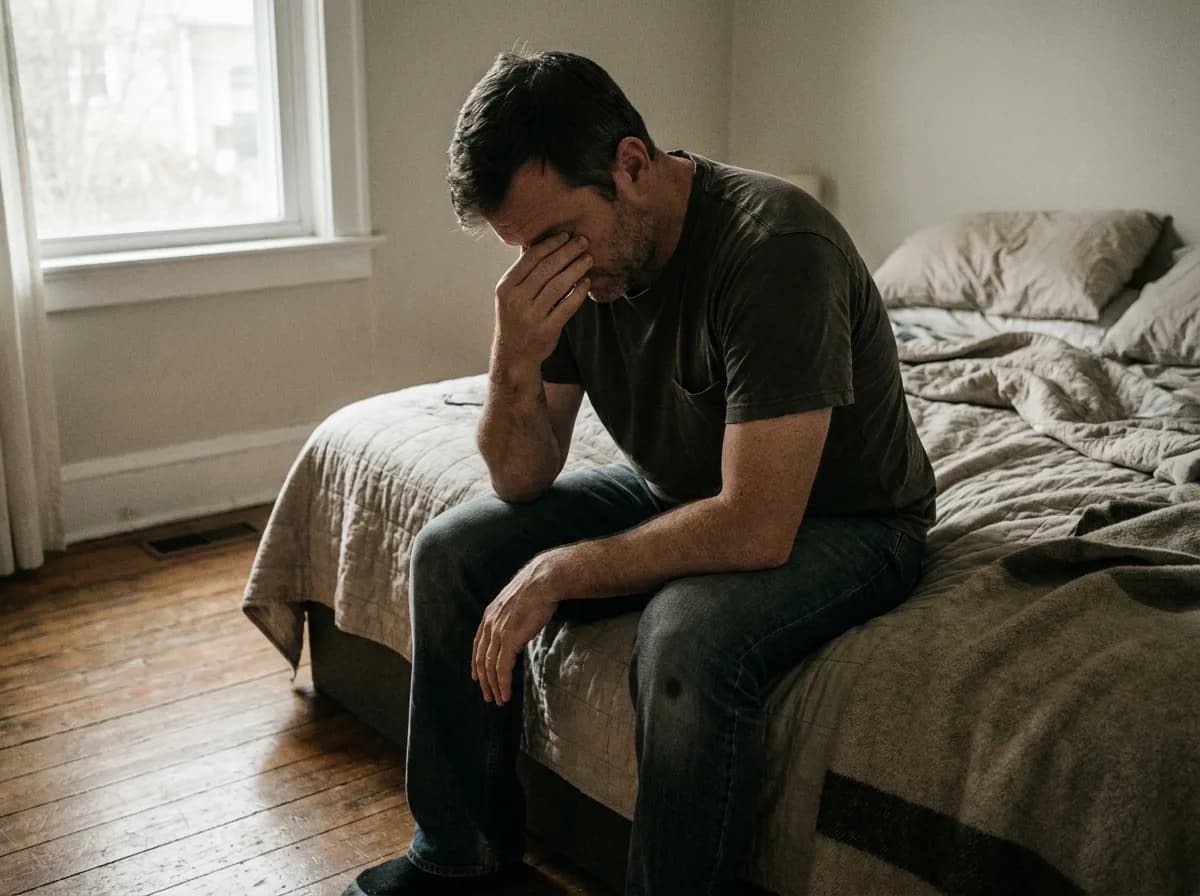 A tired man sits on the edge of a bed in early morning light, rubbing his eyes
