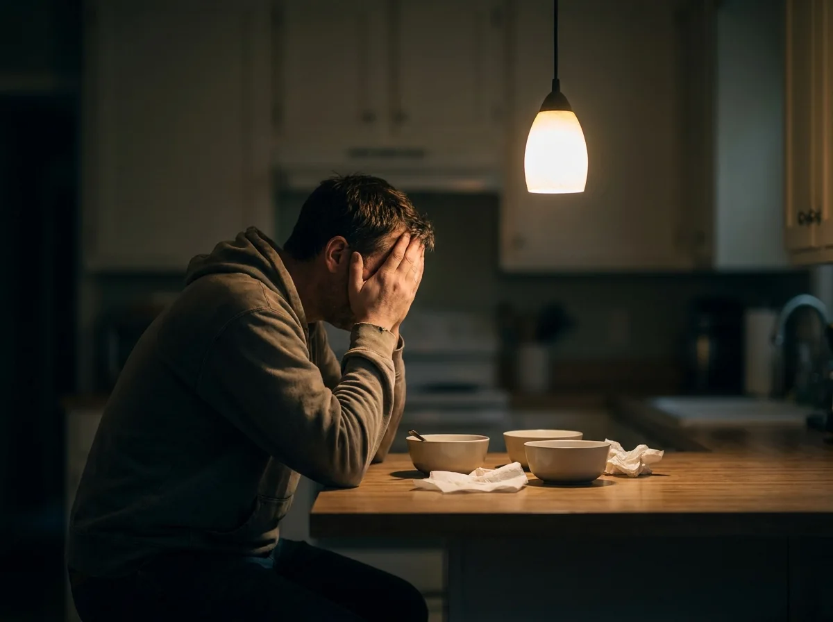 A person sits at a kitchen counter late at night, face in hands beside empty bowls