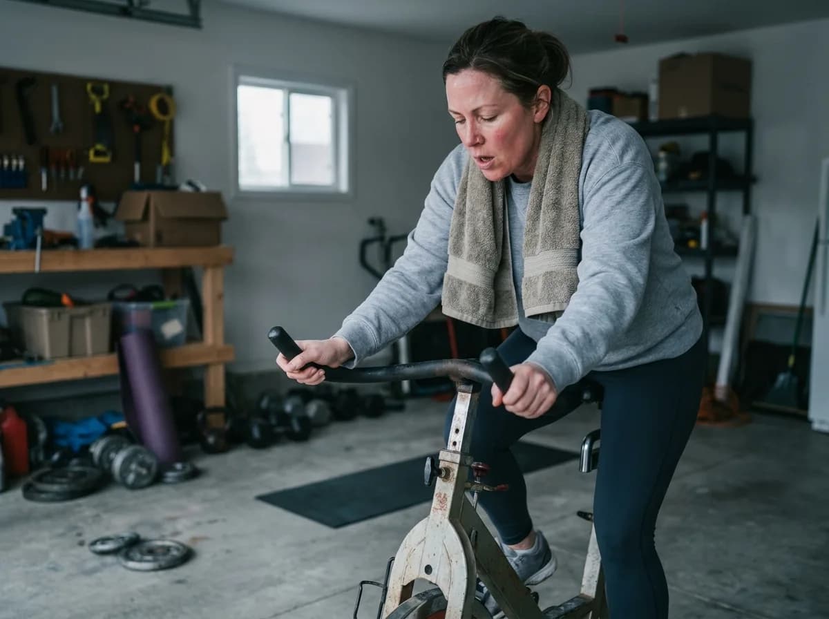 A woman pauses on an exercise bike in a home gym at dawn, towel around her neck
