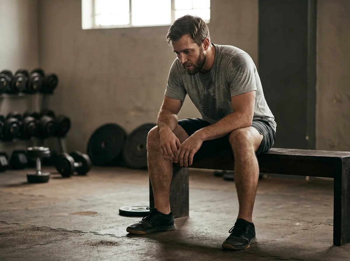 A man sits on a gym bench between sets, elbows on knees, staring at the floor