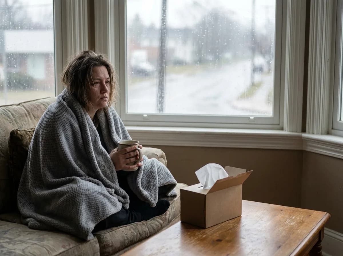 A person wrapped in a blanket on a couch with tea, unwell on a gray day