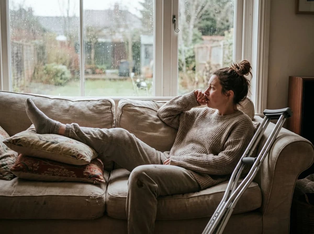 A person rests at home with a leg propped up, crutches leaning against the sofa
