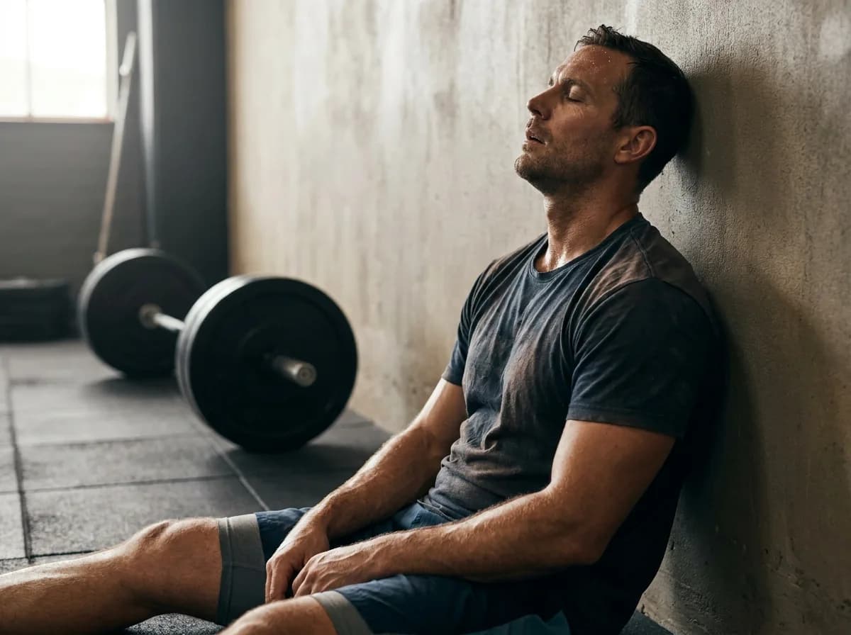 A man sits on the gym floor against a wall after a workout, head tipped back