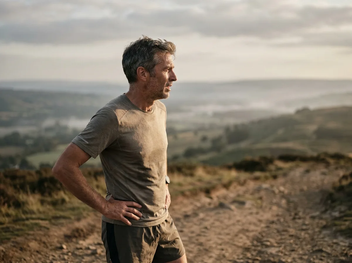 A man pauses at a sunrise overlook during a trail run