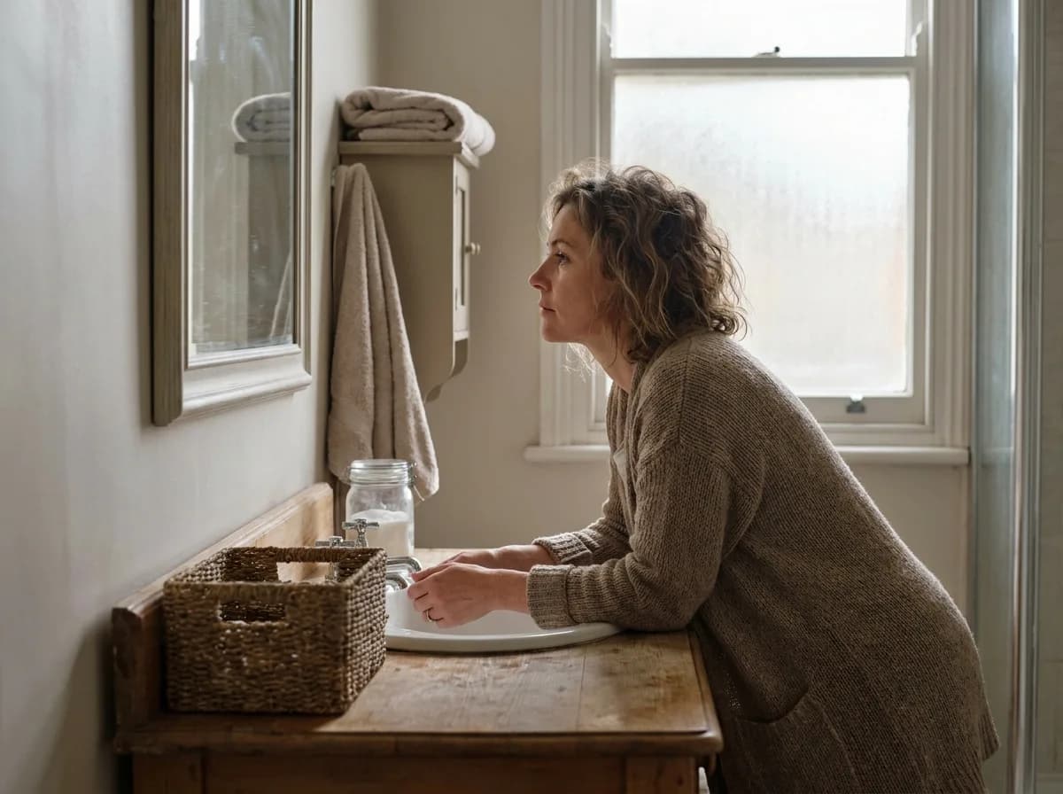A woman rests both hands on a bathroom counter, meeting her own gaze in the mirror