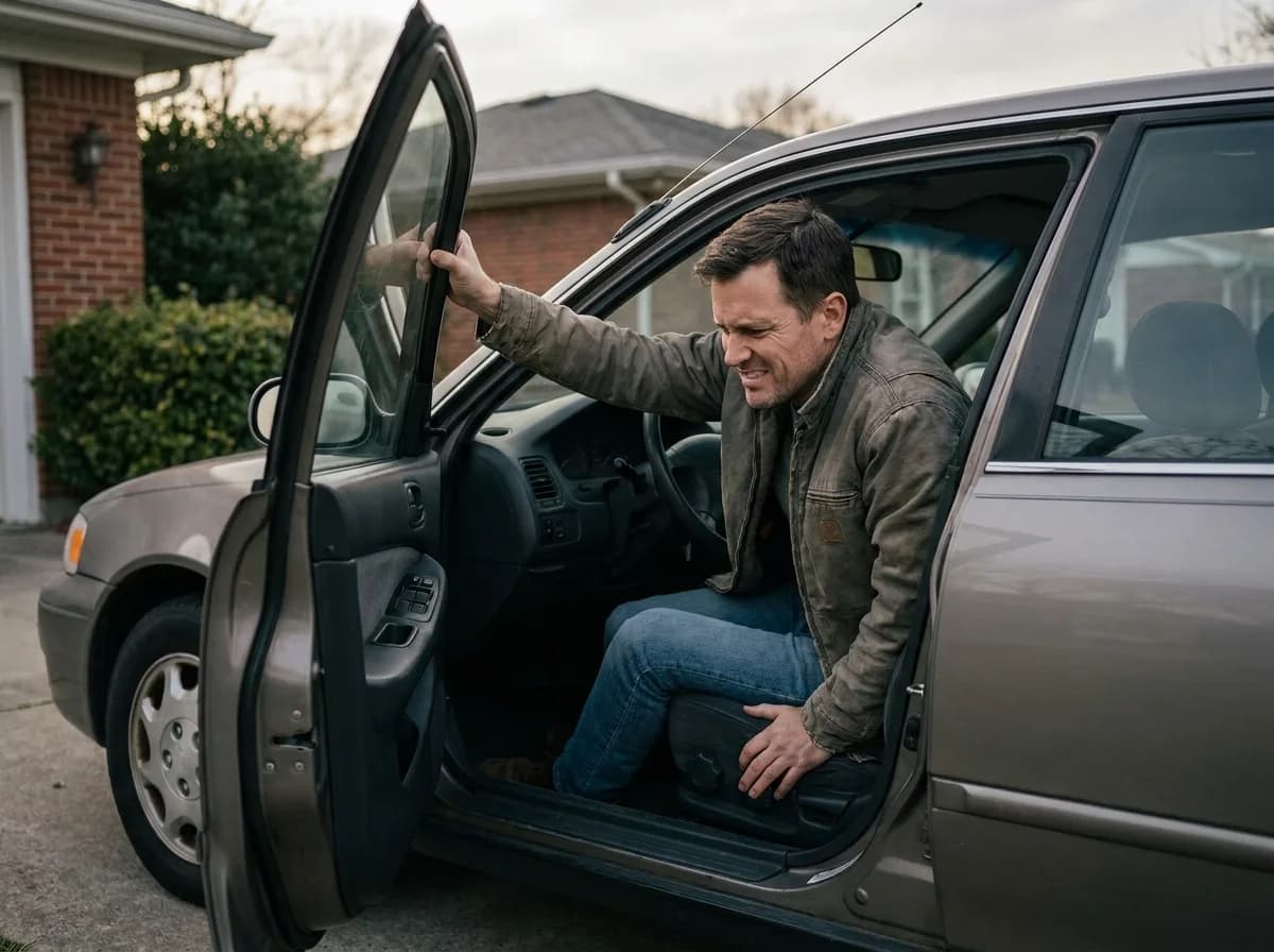 A man braces on the car door frame, easing himself out of the driver seat