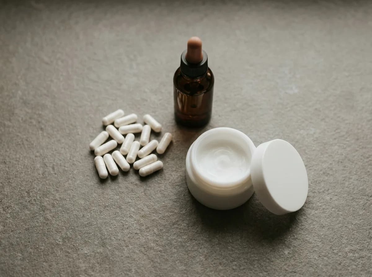 Unlabeled capsules, a small amber dropper bottle, and a cream jar arranged on stone