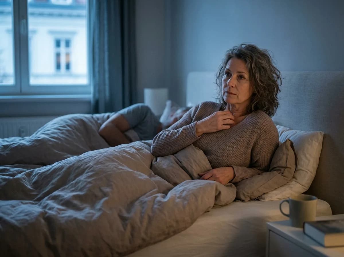 A woman sits up in bed before dawn, hand at her collarbone, in blue early light