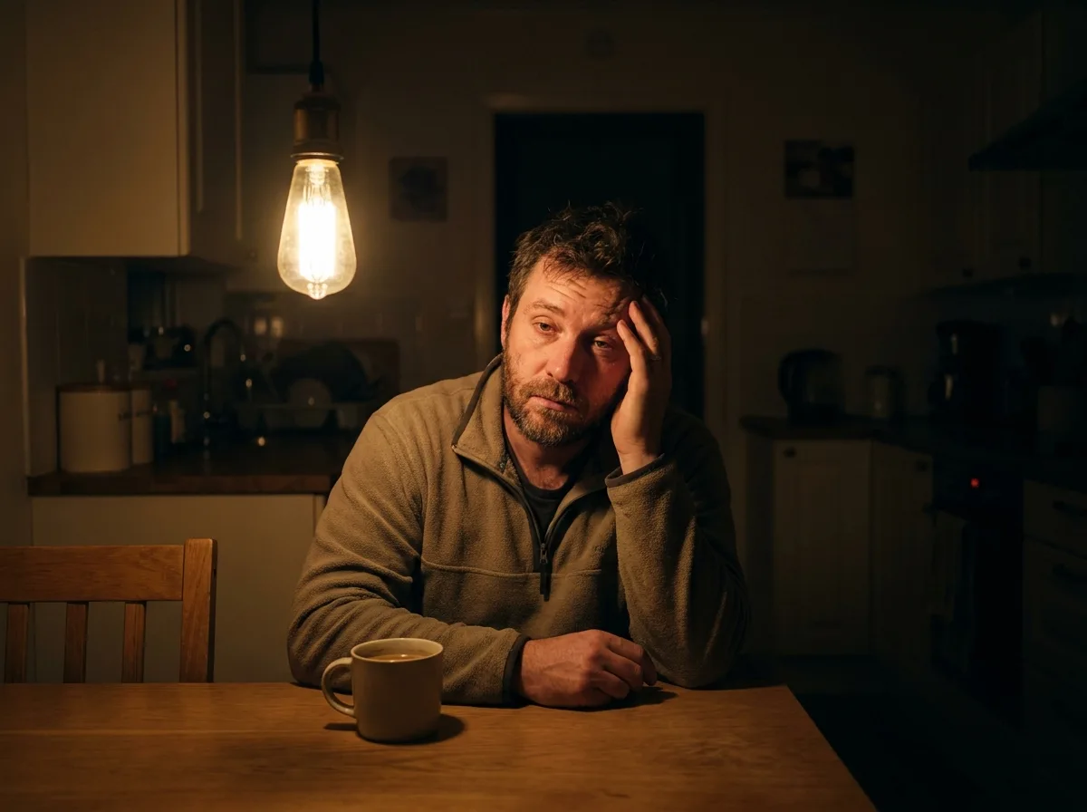 A man at a kitchen table at night rubs his temple beside a coffee mug