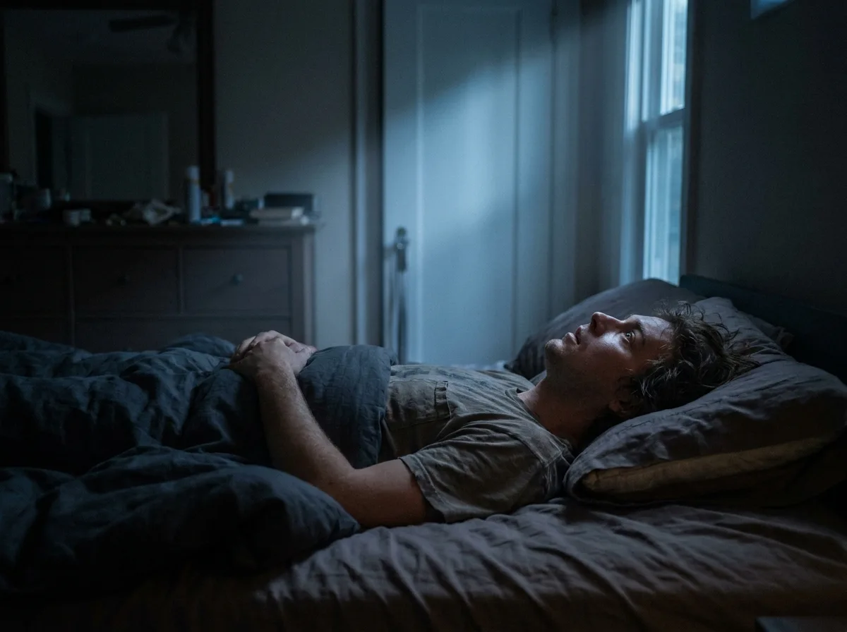 A person lies awake in a dark bedroom staring at the ceiling
