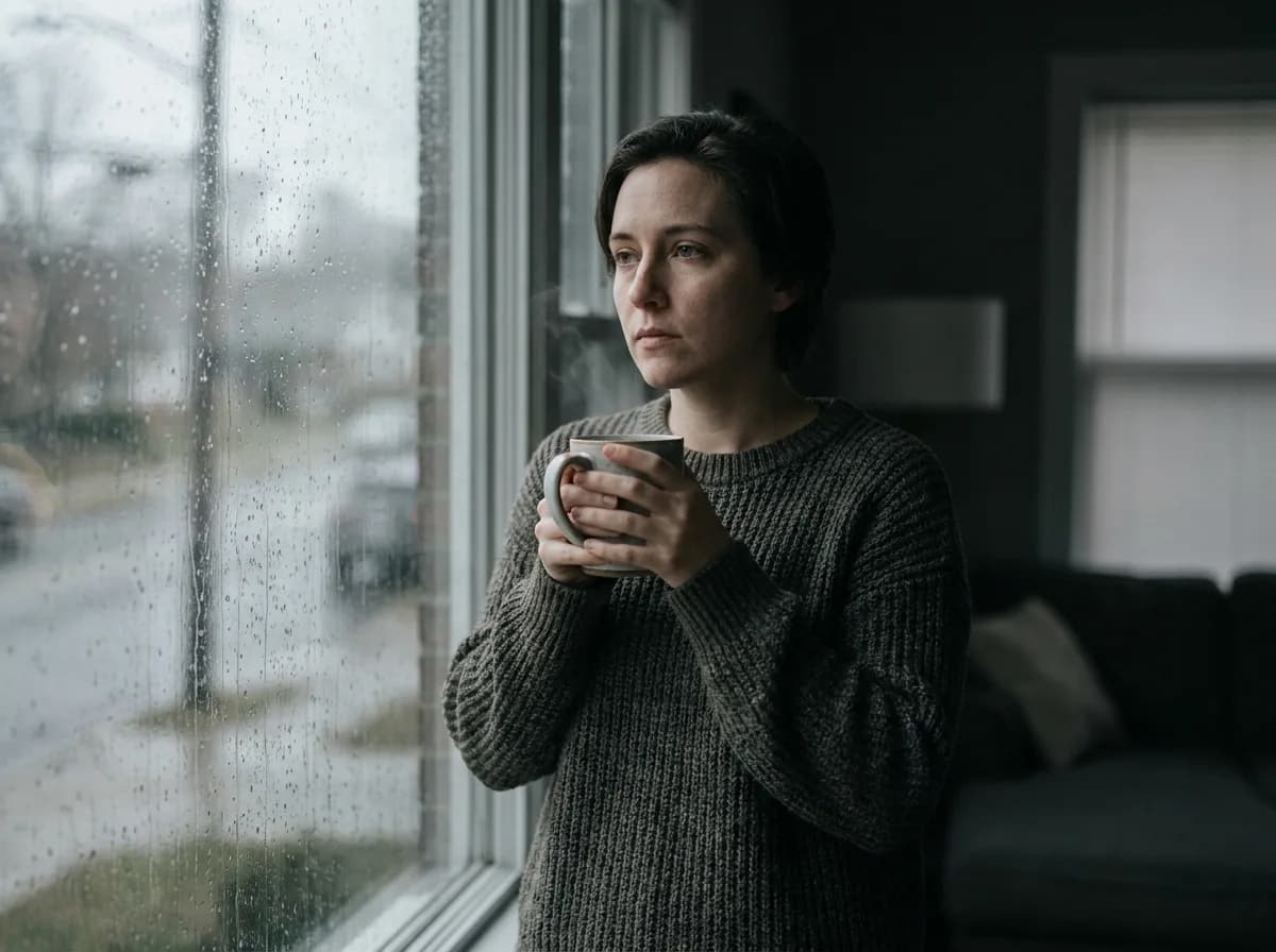 A person holds a mug at a rain-streaked window on a gray day
