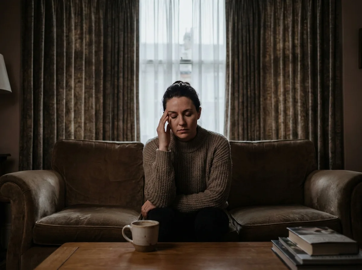 A woman presses her fingers to her temple in a dim room with the curtains drawn
