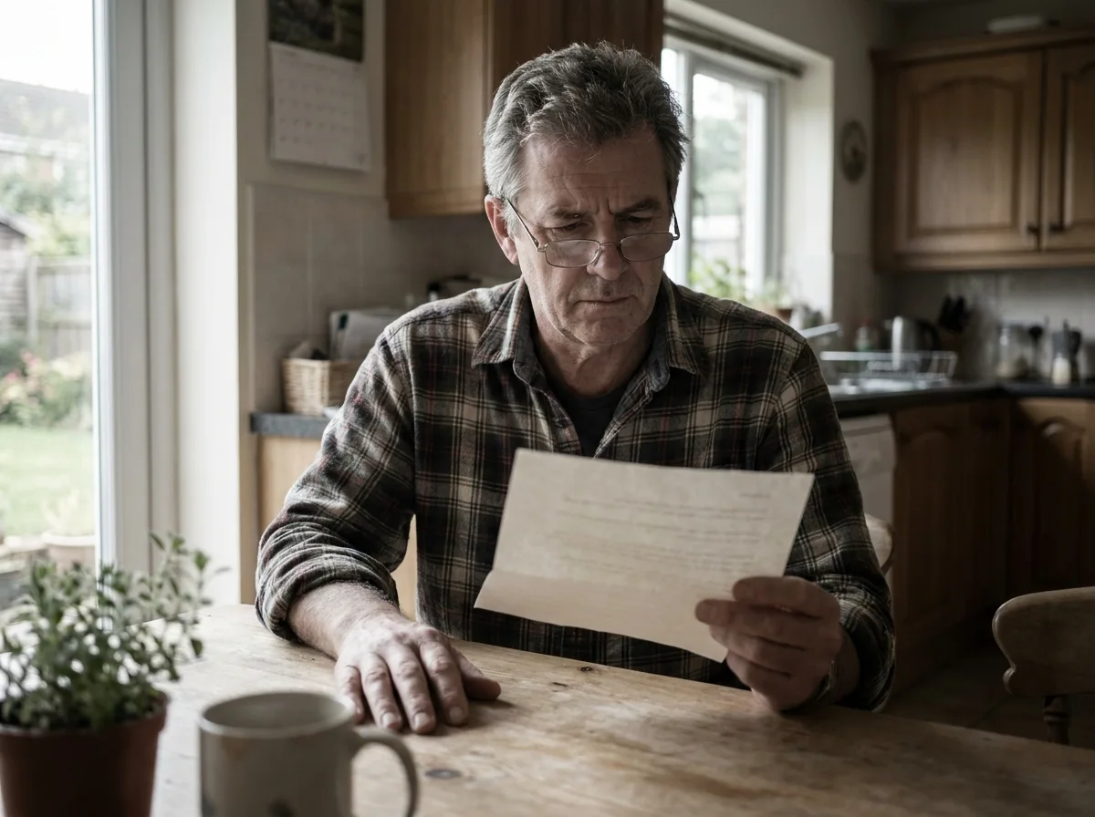 A man at a kitchen table holds a folded sheet of paper, reading glasses on