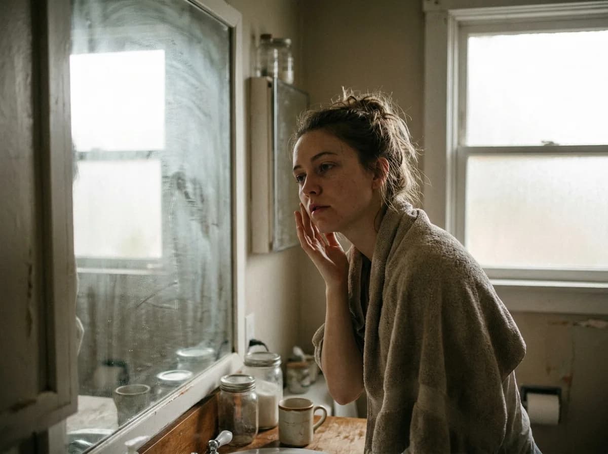 A young woman leans close to a bathroom mirror, examining her skin