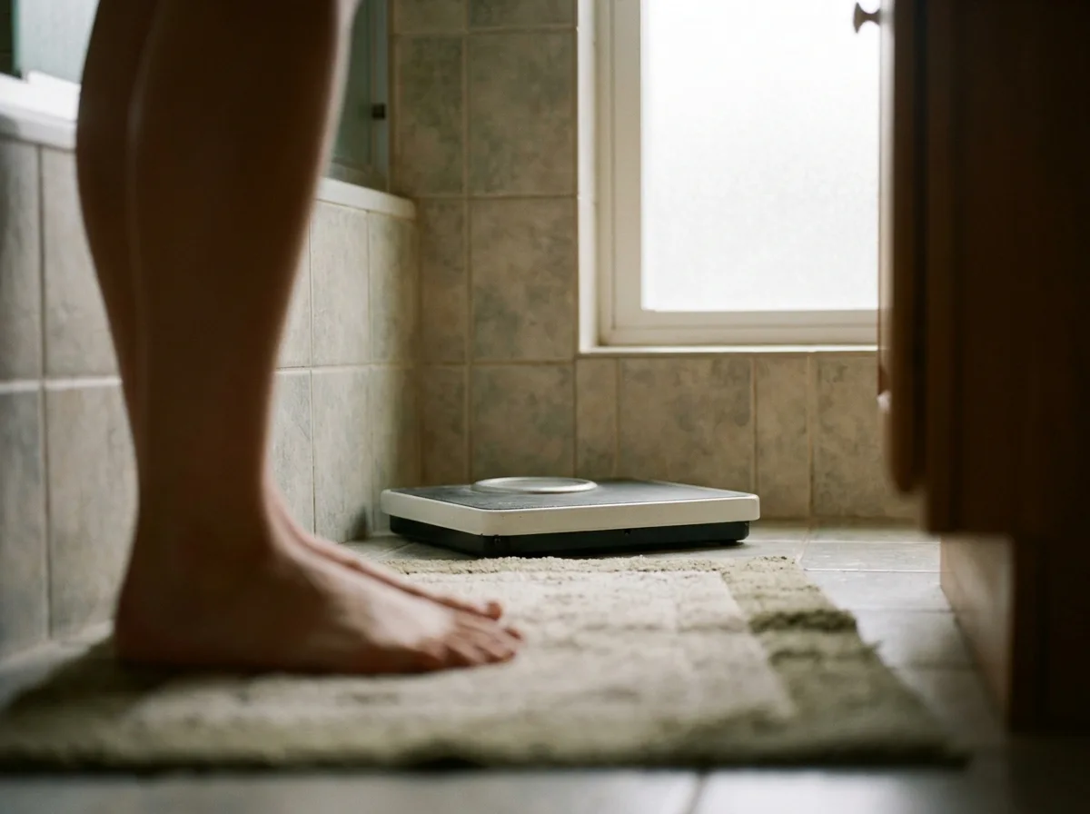 A bathroom scale sits pushed into a corner while bare feet stand beside it