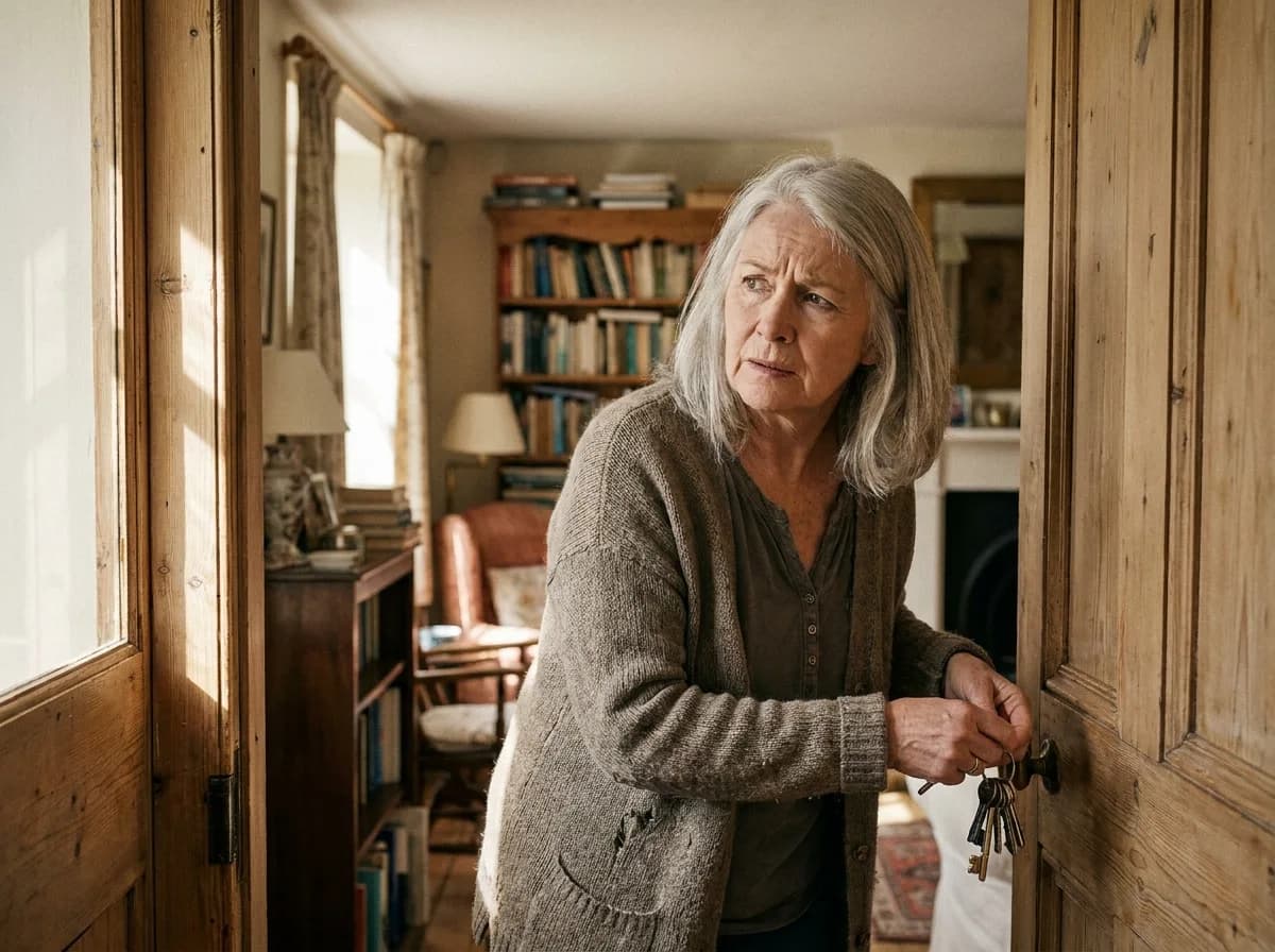 An older woman pauses in a doorway, keys in hand, looking back into the room