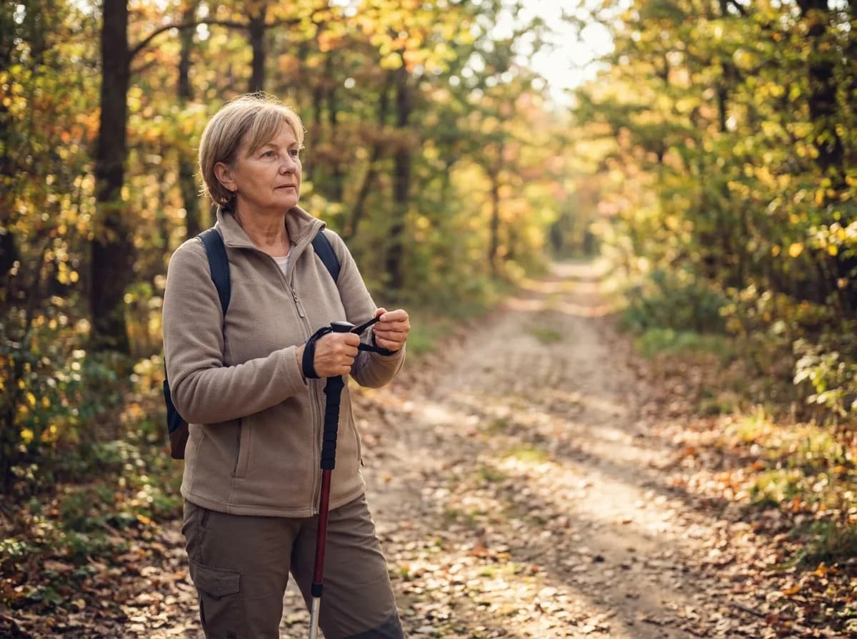 An older woman with walking poles pauses on an autumn path