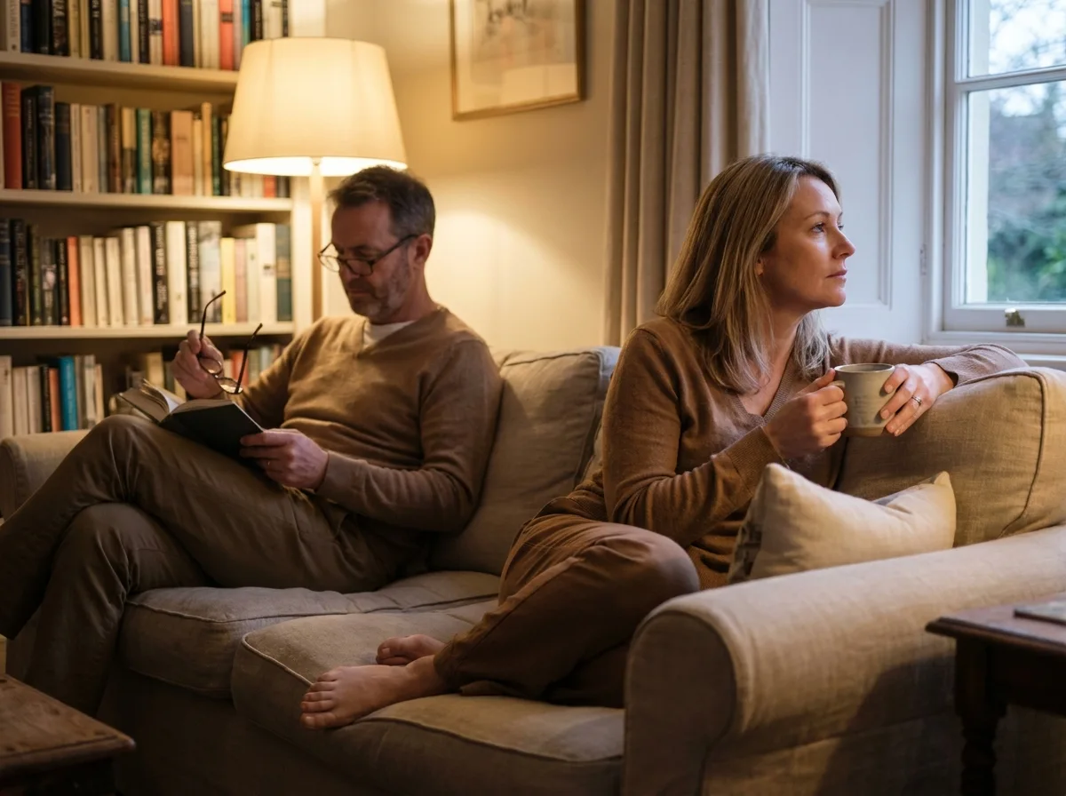 A couple sits at opposite ends of a couch in low evening light