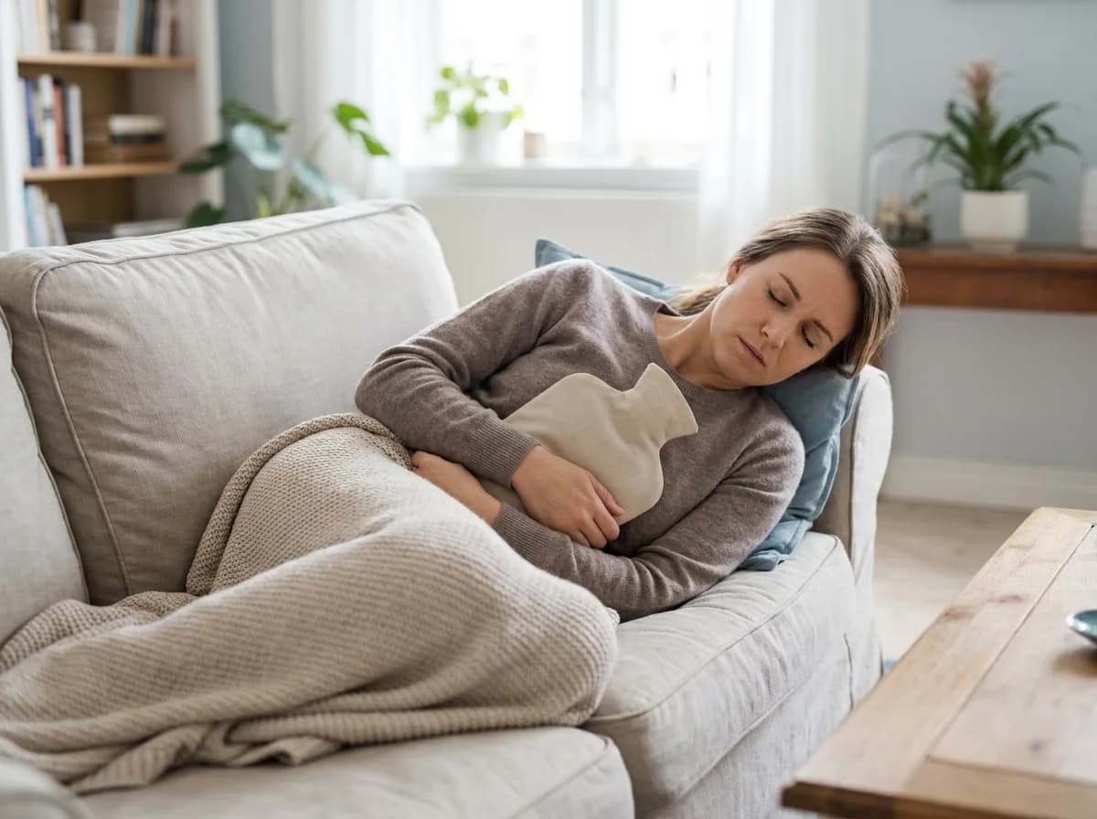 A woman rests on a sofa under a blanket with a hot water bottle at her abdomen