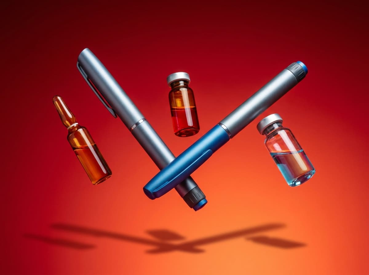 Injection pens and medical vials on a red gradient backdrop