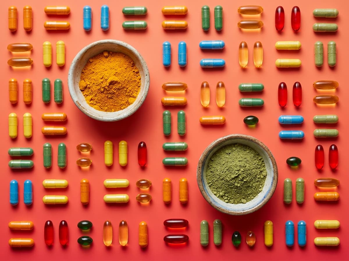 Colorful capsules and powder bowls arranged on a coral backdrop